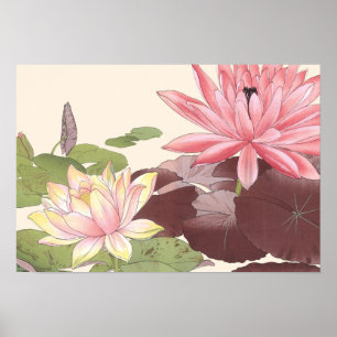 Affiche Vintage japonais Floral Art rose Lotus Pond