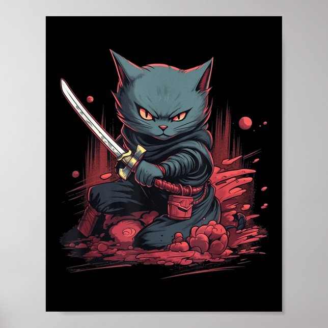 Affiche Vintage japonais Samurai Ninja Chat Tattoo Kawaii (Devant)