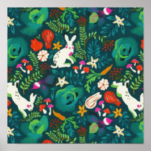 Affiche Vintage Jardin Floral Bunny rustique