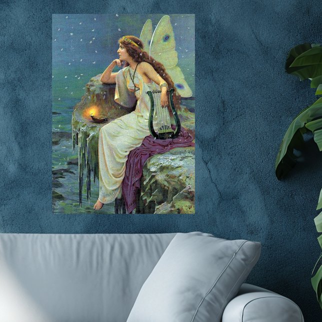 Affiche Vintage Jolie Fée Fae Harp Candle Océan (Pretty Fairy on cliff by sea harp lit candle on artwork poster.)