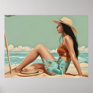 Affiche Vintage Jolie Femme Assis Sur Le Sable De Plage
