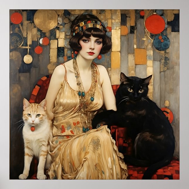 Affiche Vintage Jolie Femme Avec Chats Noirs & Blancs (Devant)