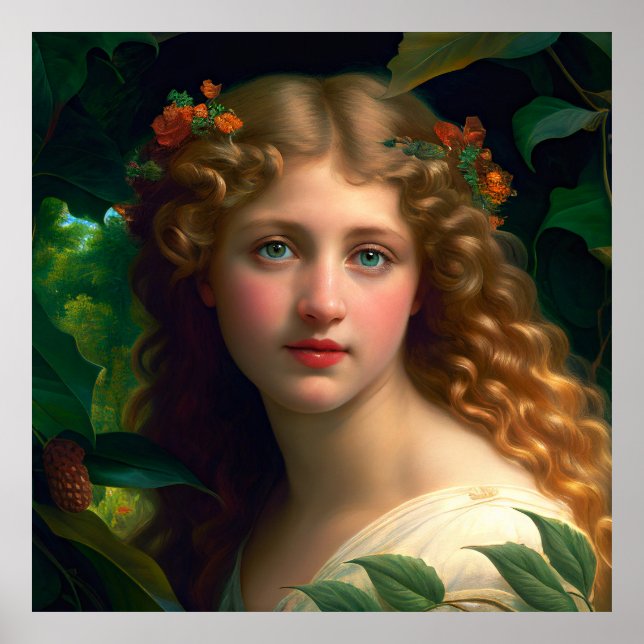 Affiche Vintage Jolie Fille Aux Fleurs Rouges (Devant)