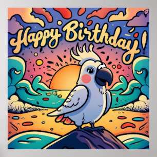 Affiche Vintage Joyeux Anniversaire Perroquet coloré