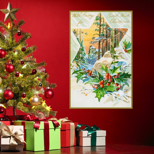 Affiche Vintage Joyeux Noël Holly Berries Snow Festive (Vintage Merry Christmas Holly Berriy Snow Festive Seasons Greetings Poster)