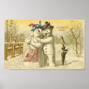 Affiche Vintage Joyeux Noel Snowman & Woman Card