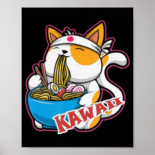 Affiche vintage kawaii chat manger ramen anime retro Japan