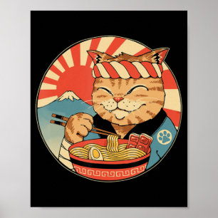 Affiche Vintage Kawaii Ramen Cat Neko Anime Japanese Noodl