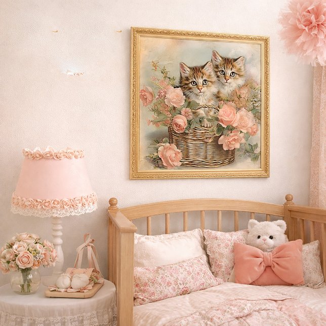 Affiche Vintage Kittens Basket Pink Floral Cottage Decor (Vintage kitten in basket wall art )