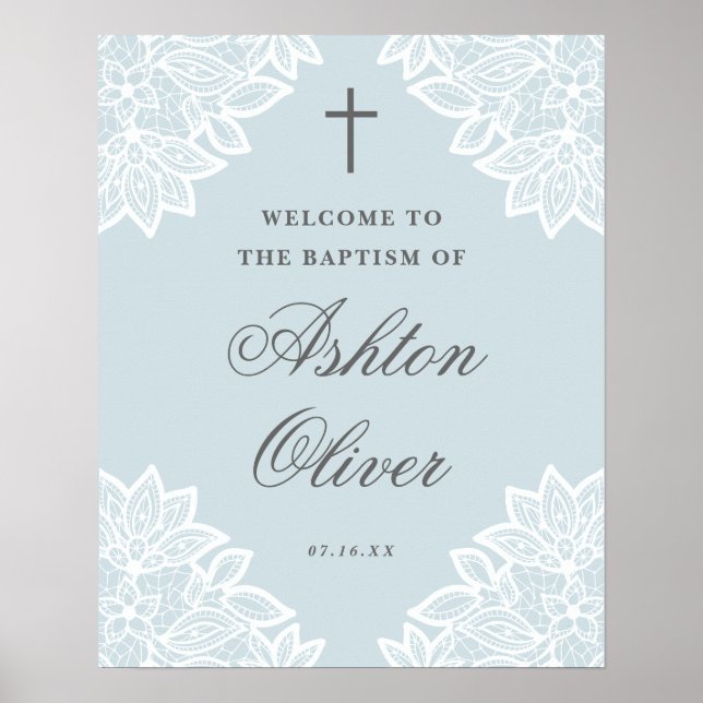 Affiche Vintage lace blue baptism welcome sign (Devant)