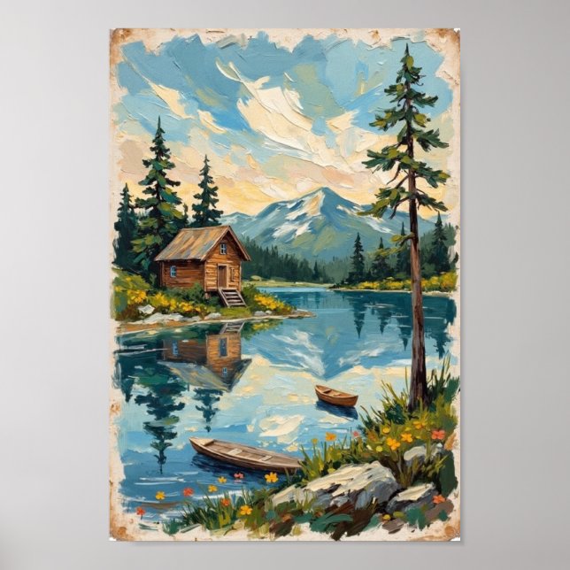 Affiche Vintage Lakeside Cabin Rustic Art (Devant)