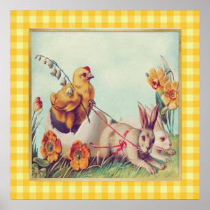 Affiche Vintage lapin et poussin de Pâques en Chèques Buff