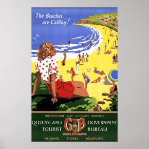 Affiche Vintage Les plages appellent le Queensland Austral