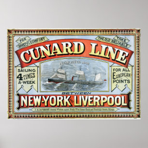 Affiche Vintage ligne Cunard naviguant New York à Liverpoo