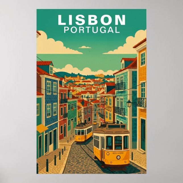 Affiche Vintage Lisbon, Portugal Tramway Jaune (Devant)