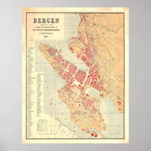 Affiche Vintage Map of Bergen Norway (1885)