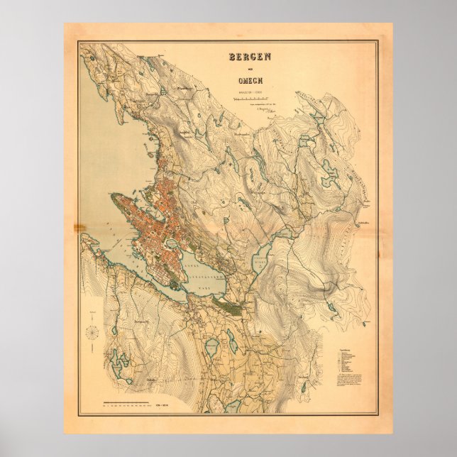 Affiche Vintage Map of Bergen Norway (1907) (Devant)