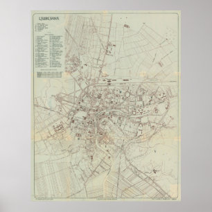 Affiche Vintage Map of Ljubljana Slovenia (1910)