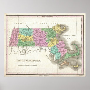 Affiche Vintage Map of Massachusetts