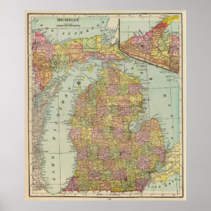 Affiche Vintage Map of Michigan (1909)