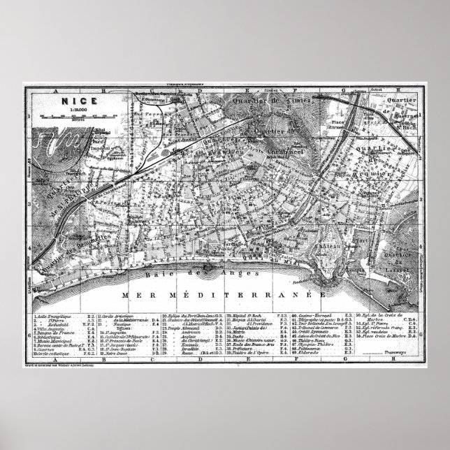 Affiche Vintage Map of Nice France (1914) BW (Devant)