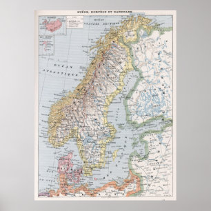 Affiche Vintage Map of Norway and Sweden (1900)