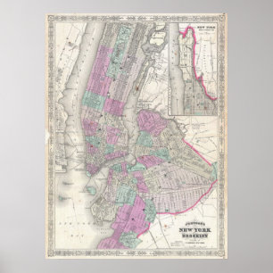 Affiche Vintage Map of NYC and Brooklyn