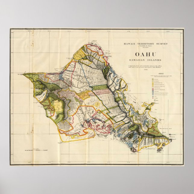 Affiche Vintage Map of Oahu Hawaii (Devant)