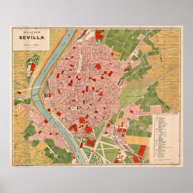 Affiche Vintage Map of Seville Spain (1918) (Devant)