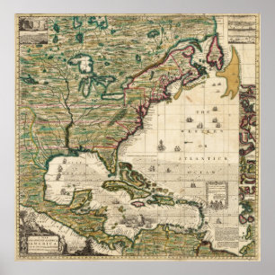 Affiche Vintage Map of The Americas (1733)