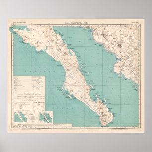 Affiche Vintage Map of The Baja California Peninsula 1924