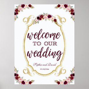 Affiche Vintage Marsala Floral Bienvenue À Notre Mariage