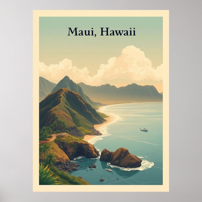 Affiche Vintage Maui, Hawaii Travel Illustration (Devant)