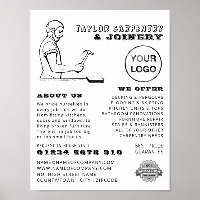 Affiche Vintage, menuiserie, charpentier publicitaire (Devant)