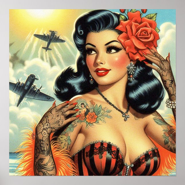 Affiche Vintage mignonne fille de tatouage (Devant)