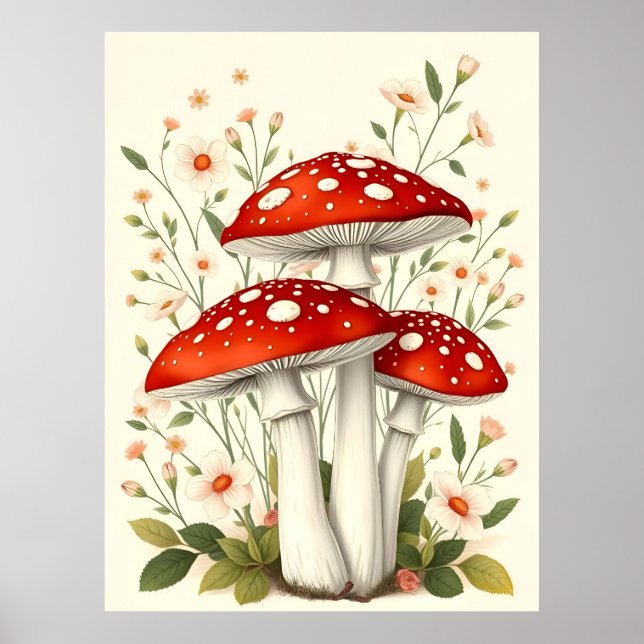 Affiche Vintage Mouche Agarique Rouge Et Champignons Blanc (Devant)