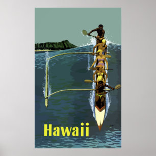 Affiche Vintage Native Canoe Airline Hawaii Travel