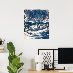 Affiche Vintage Noël, Paysage de la montagne de neige d'hi