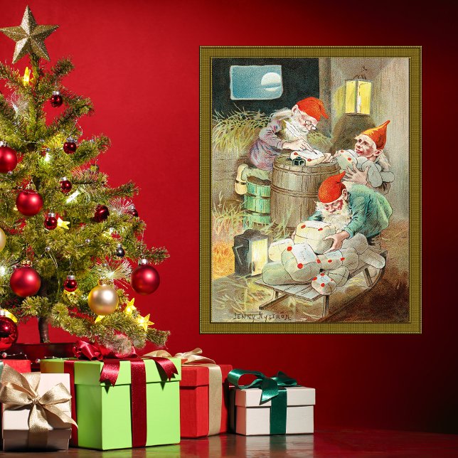 Affiche Vintage Noël Père Noël Elf Gnome Cadeaux (Vintage Father Christmas Santa Claus Elf Gnome Gifts Poster by Swedish Foklore Artist Jenny Nystrom)