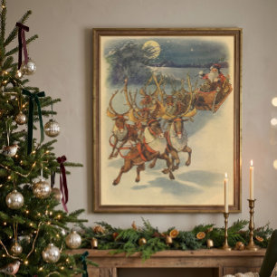 Affiche Vintage Noël Père Noël Sleigh avec Reindeer