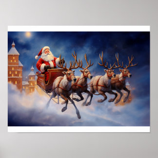 Affiche Vintage Noël Père Noël Voler à Sleigh