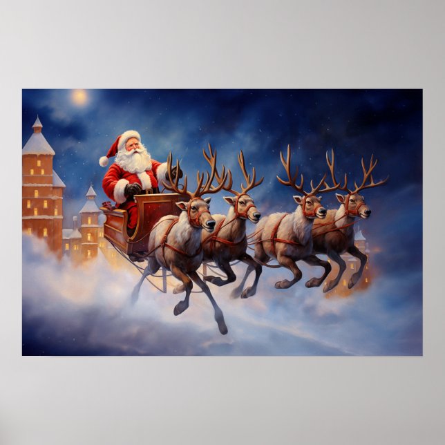 Affiche Vintage Noël Père Noël Voler à Sleigh (Devant)