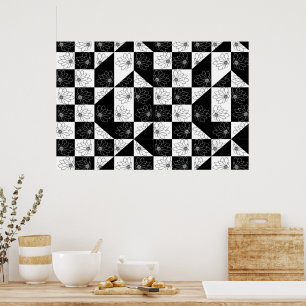 Affiche Vintage noir et blanc Damier et fleurs