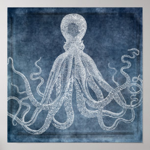 Affiche Vintage Octopus Twilight Blue Denim
