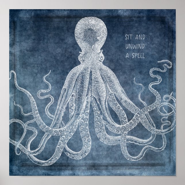 Affiche Vintage Octopus Twilight Blue Watercolor quota (Devant)
