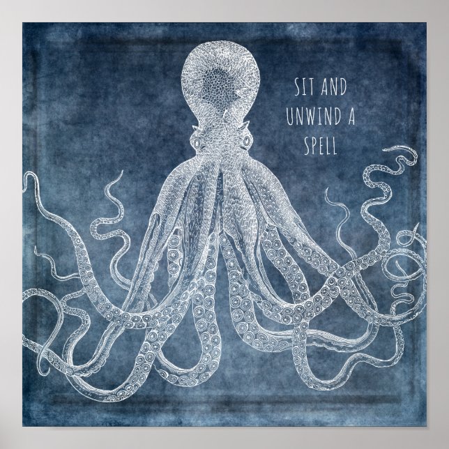 Affiche Vintage Octopus Twilight Blue Watercolor quota (Devant)