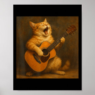 Affiche Vintage Orange Tabby Chat Jouer Guitare