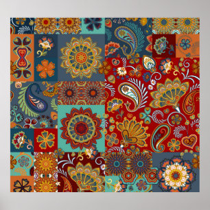 Affiche Vintage Paisley Mandala Patchwork coloré