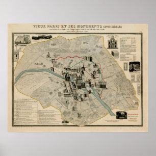Affiche Vintage Paris France Monuments & Landmarks Map