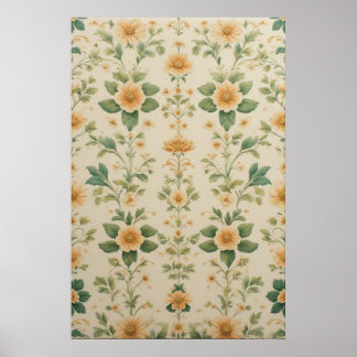 Affiche Vintage Pastel Jaune Motif Floral